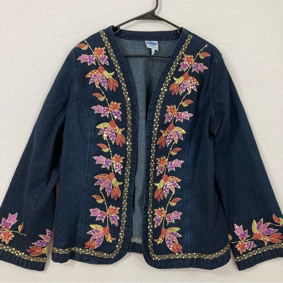 DG2 by Diane Gilman Floral Embroidered Boho Open Front Jeans Jacket 1X - Picture 1 of 9